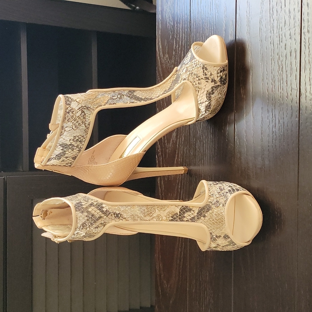 Guess Lace Snake Print Peep Toe Heel with Tstrap